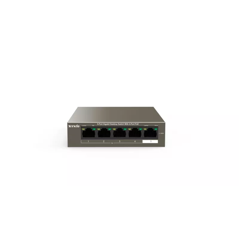 Tinklo komutatorius TENDA TEG1105P-4-63W-EU, 5x Gigabit RJ-45, 4x PoE (bendra galia 57,8 W), 10 Gbit/s perjungimas