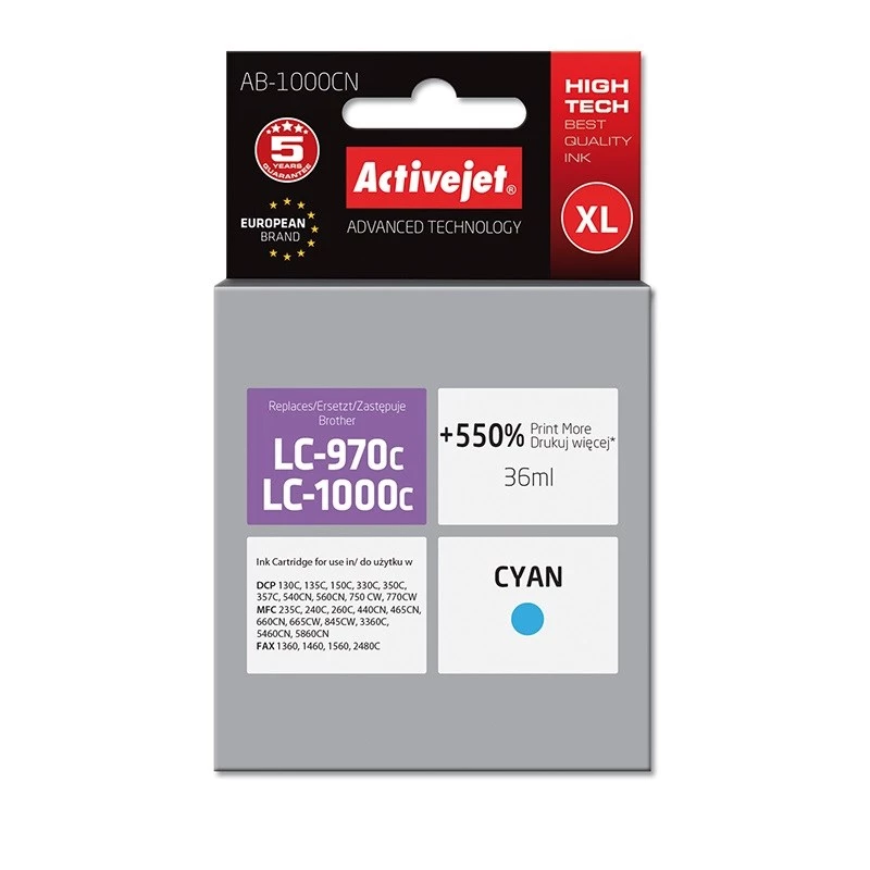 Rašalo kasetė ActiveJet AB-1000CN, skirta Brother LC1000C/LC970C, žydra, 36 ml, didelė (XL) išeiga