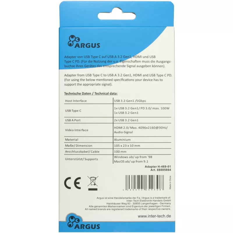 USB šakotuvas Inter-Tech H-469-1 Type-C 5000 Mbit/s HDMI