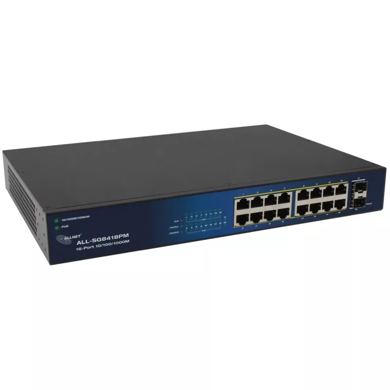 ALLNET 16+2P PoE Switch ALL-SG8418PM — 18 prievadų Gigabit, 16 PoE prievadų, 2 aukštyninio ryšio prievadai