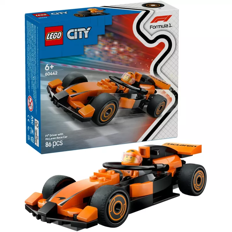 LEGO City F1 Racer McLaren lenktyninis automobilis 60442 — konstravimo rinkinys, 86 detalės, 1 minifigūrėlė, amžius 6+