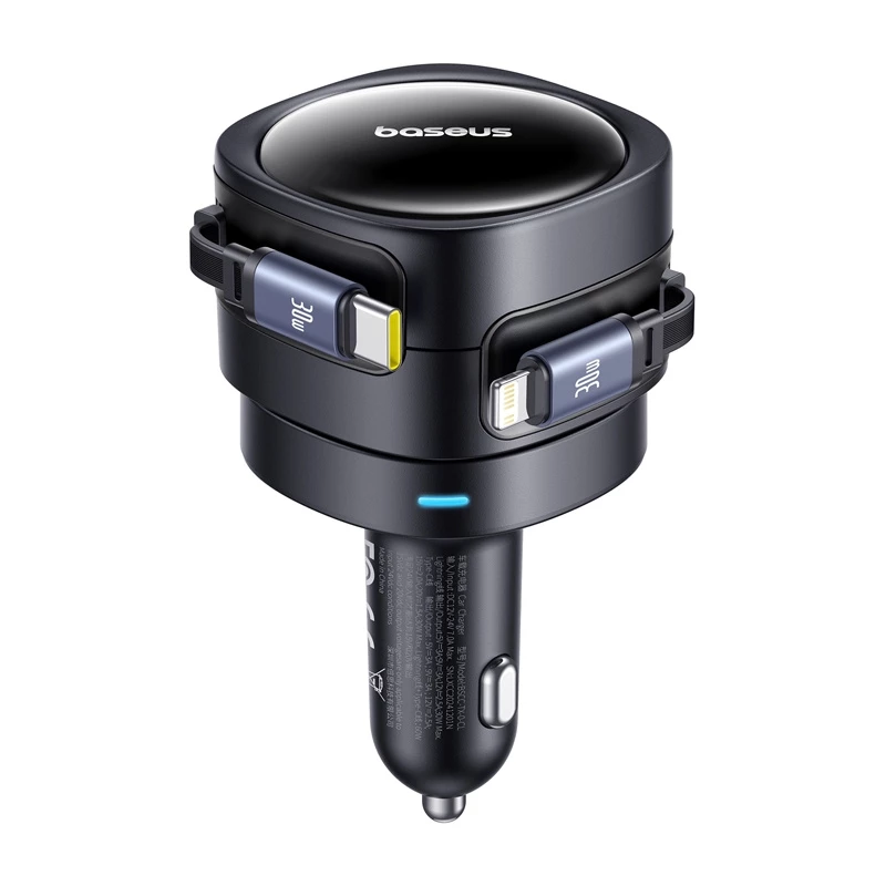 Automobilinis kroviklis Baseus Enjoyment Max 60W su USB-C ir Lightning laidais, dviejų prievadų greitas įkrovimas