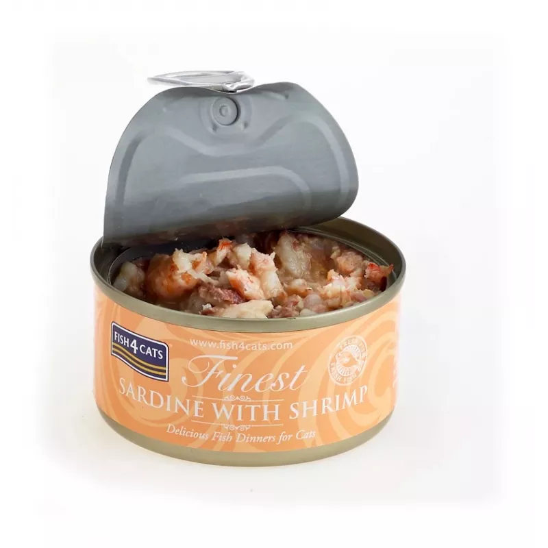 Šlapias kačių ėdalas FISH4DOGS Sardinė su krevetėmis 70 g — pilnavertis konservuotas suaugusių kačių ėdalas, žuvies skonio