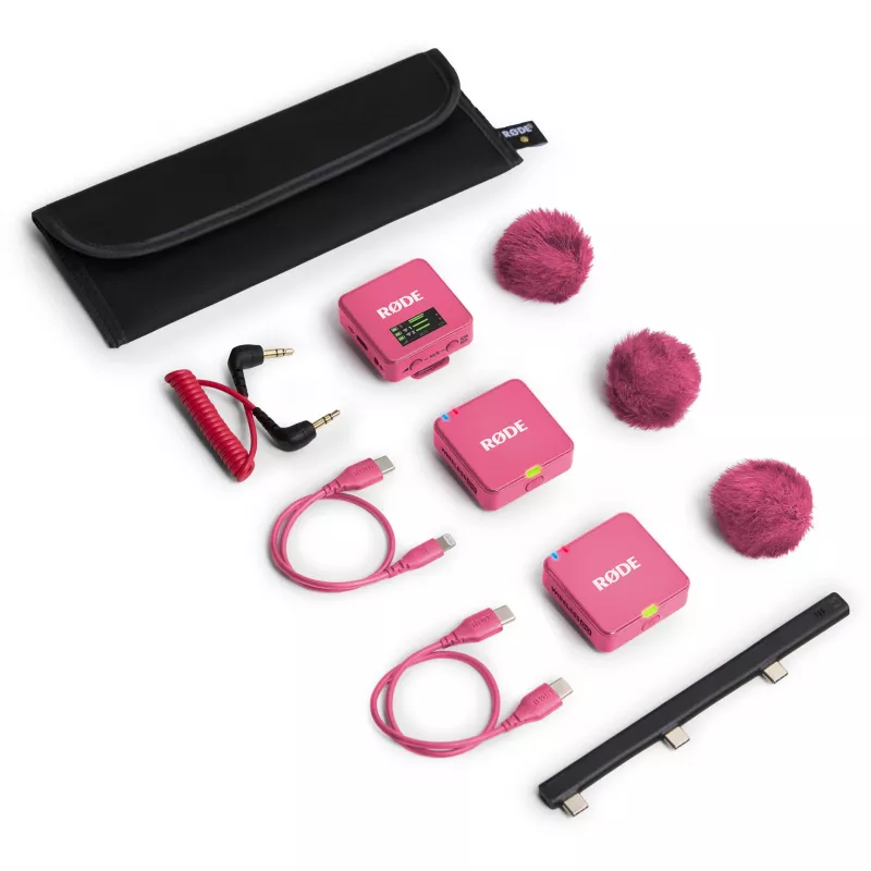 Belaidis mikrofonas RODE Wireless GO III Pink — kompaktiška dviejų kanalų siųstuvo ir imtuvo sistema