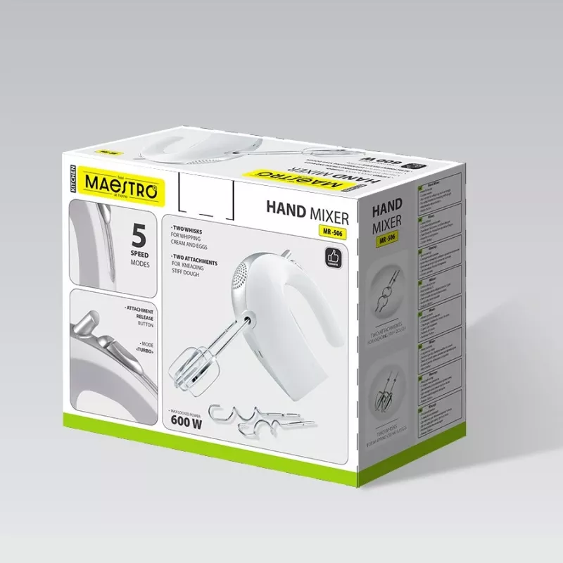 Rankinis plaktuvas Maestro MR-506 — 2 greičių, baltas, kompaktiškas virtuvinis plaktuvas