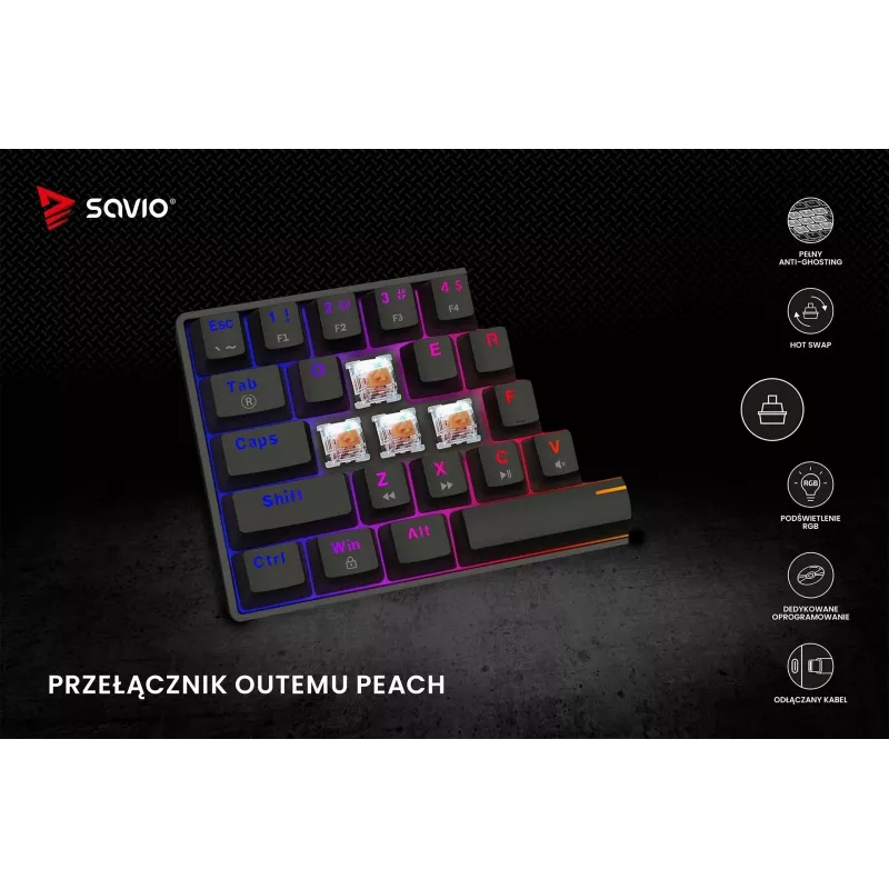 Mechaninė žaidimų klaviatūra SAVIO JuodaOUT X2 PEACH — 61 klavišų 60 % QWERTY, RGB LED, karštasis keitimas, USB Type-A/Type-C, nuimamas laidas