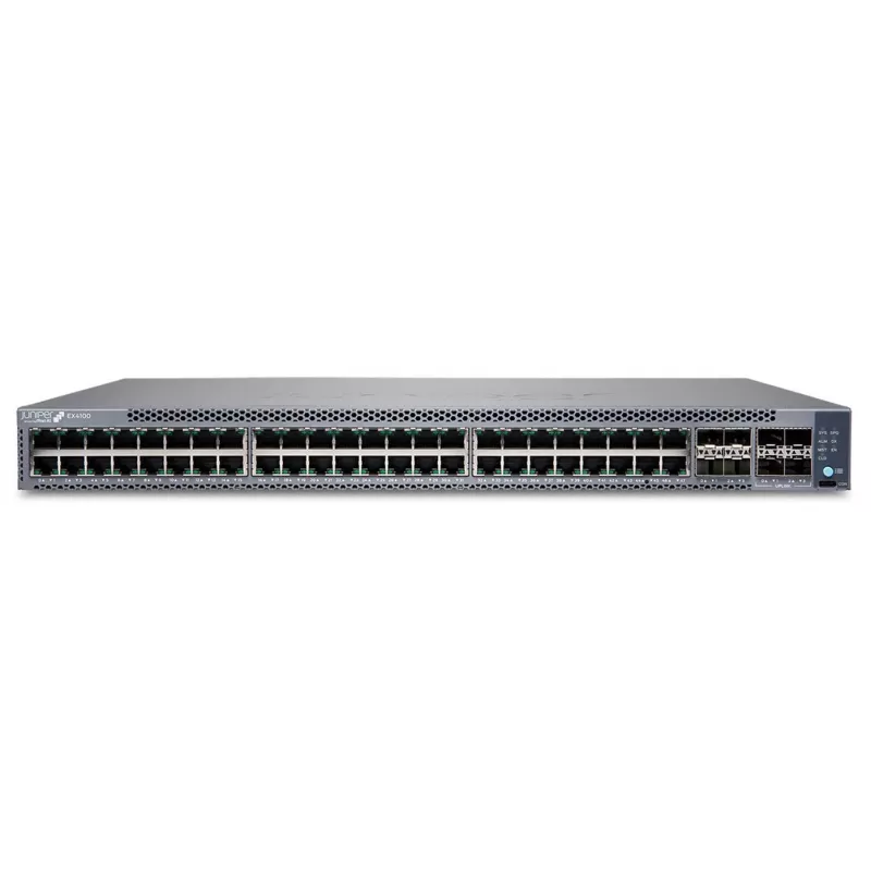 Juniper EX4100 48 prievadų 10/100/1000BaseT PoE+, 4x 10G SFP+ aukštynkrypčiai prievadai, 4x 25G SFP28 krovimo/aukštynkrypčiai prievadai, pertekliniai ventiliatoriai, 1 kintamosios srovės maitinimo šaltinis JPSU-920-AC-AFO (optika parduodama atskirai) su s
