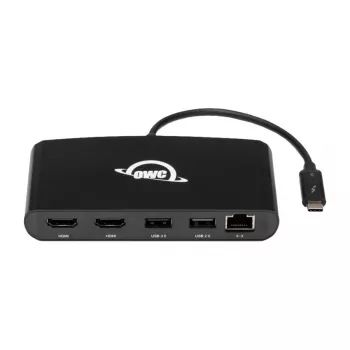 OWC Thunderbolt 3 Mini dokinimo stotelė, 5 prievadai, jungiasi prie dviejų 4K ekranų, Gigabitinis Ethernet prievadas, Integruotas kabelis