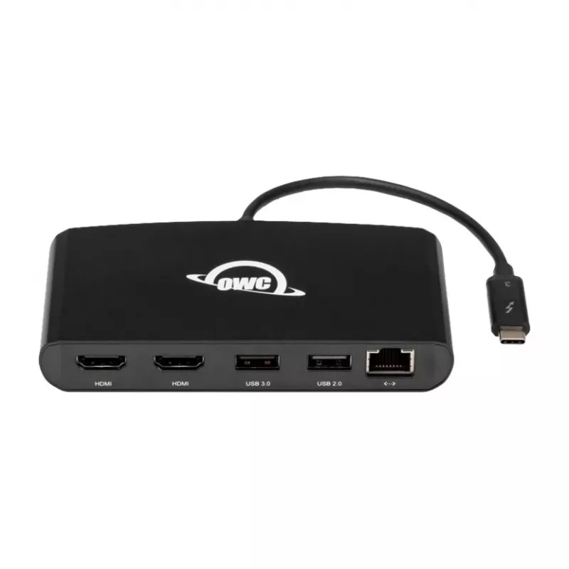 OWC Thunderbolt 3 Mini dokinimo stotelė, 5 prievadai, jungiasi prie dviejų 4K ekranų, Gigabitinis Ethernet prievadas, Integruotas kabelis