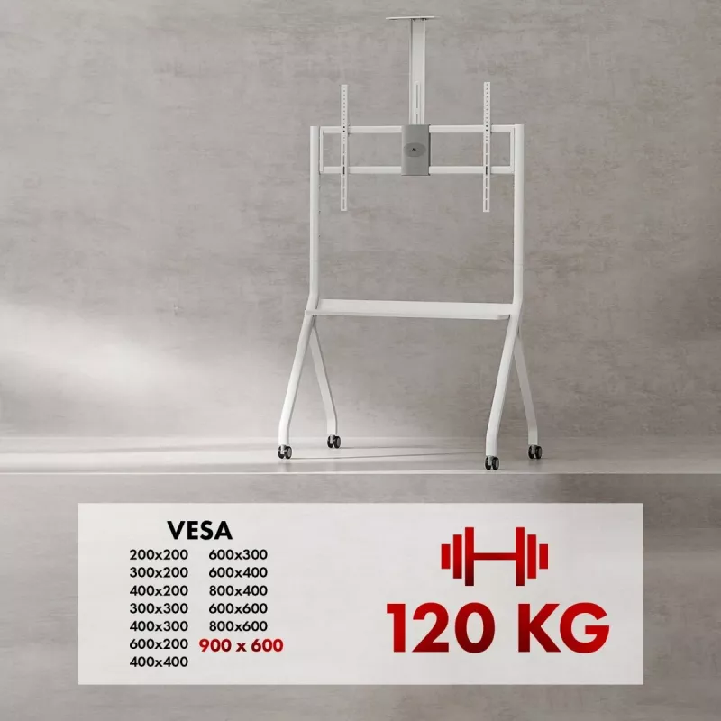 Ant grindų statomas televizoriaus stovas MACLEAN MC-114 W, tinka 55–100 colių ekranams, baltas, VESA iki 900x600, maks. apkrova 120 kg, aukštis 115–152 cm, lentyna