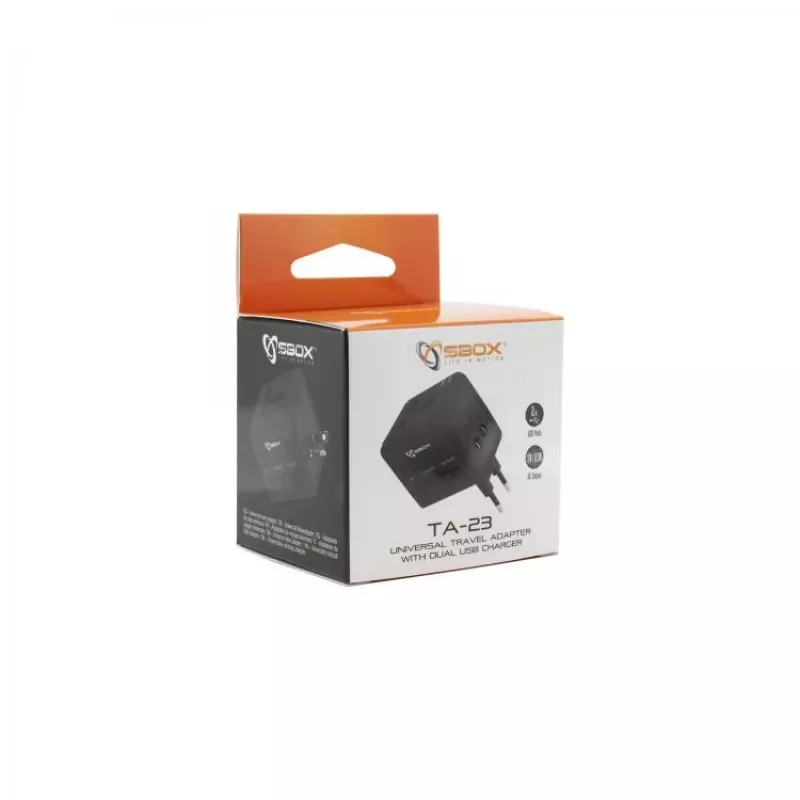 Keliautojo adapteris SBOX TA-23 su dvigubu USB įkrovikliu ir universaliu kištukų suderinamumu