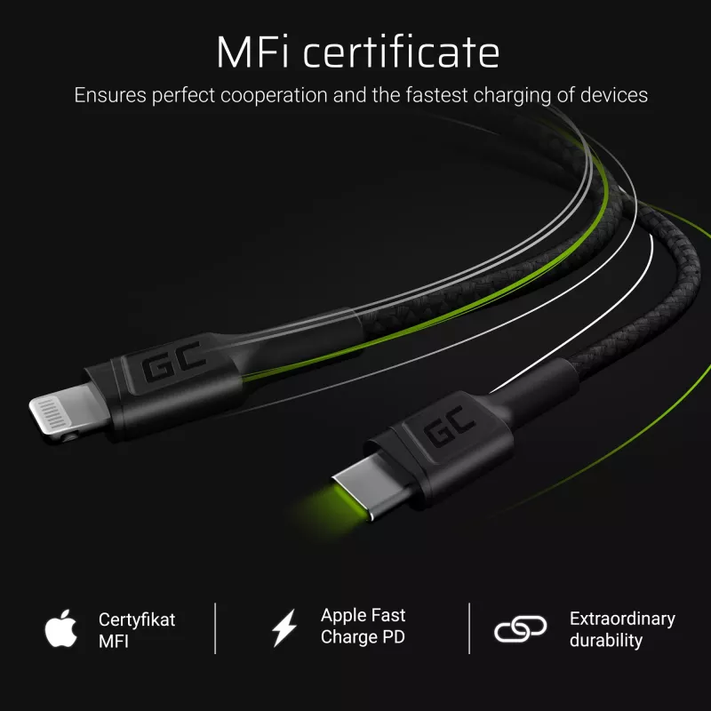 Lightning į USB-C laidą Green Cell KABGC07, 1 m, juodas, Lightning (kištukas) į USB-C (kištukas), 480 Mbps