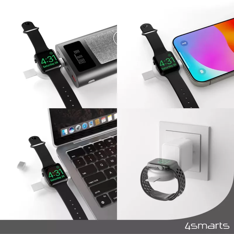 4smarts QI2 išmaniojo laikrodžio įkroviklis, sidabrinis, USB belaidis greitasis įkrovimas