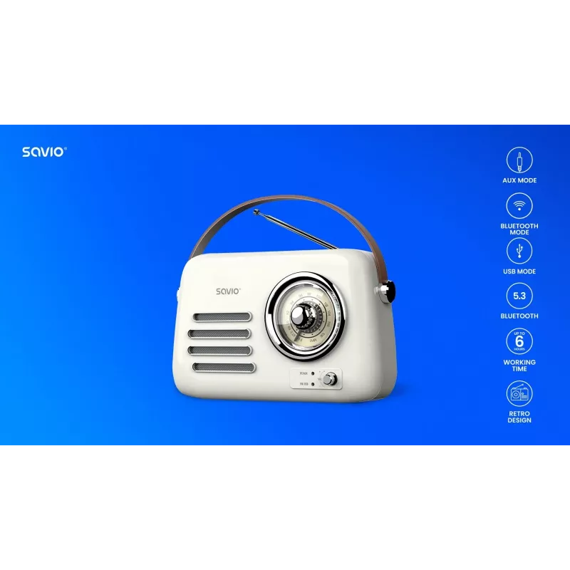 Nešiojamasis radijas SAVIO RS-02 – analoginis FM tiuneris, Bluetooth 5.3, USB maitinimas, 3 W, baltas