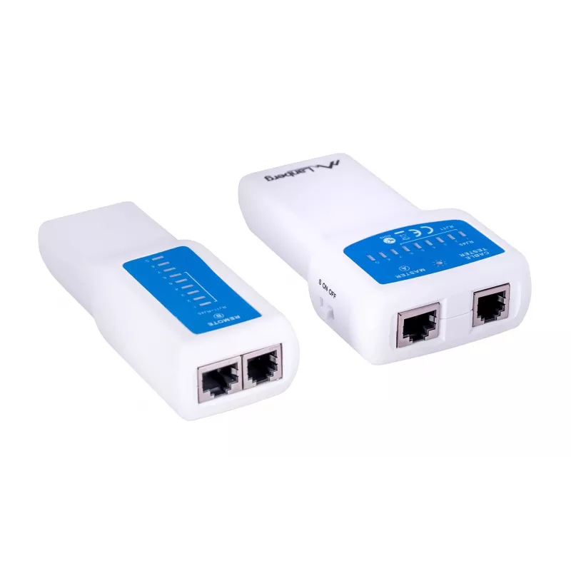 PoE testeris LANBERG NT-0402 — PoE tinklo kabelių testeris su RJ-45/RJ-11 palaikymu, LED indikatoriais, maitinimo LED, įjungimo/išjungimo jungikliu