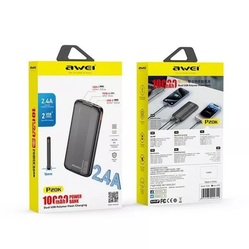 Awei PowerBank P20K 10000mAh Juoda/Juoda (10000mAh), Powerbank, Juoda