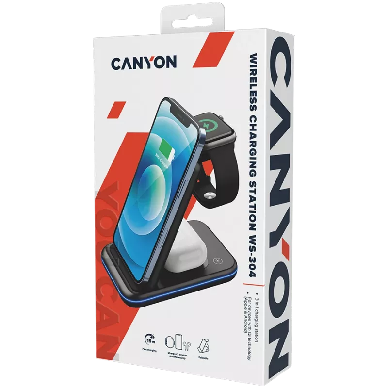 CANYON belaidis įkroviklis WS-304 15W 3-in-1 juodas