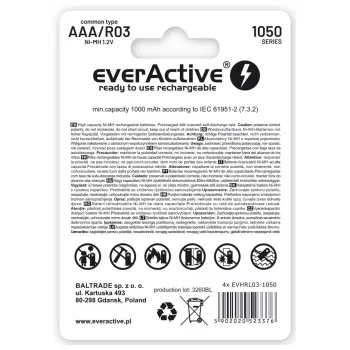 Įkraunamos AAA NiMH baterijos everActive EVHRL03-550 1.2V 550mAh pakuotėje 4 vnt., cilindrinės R03