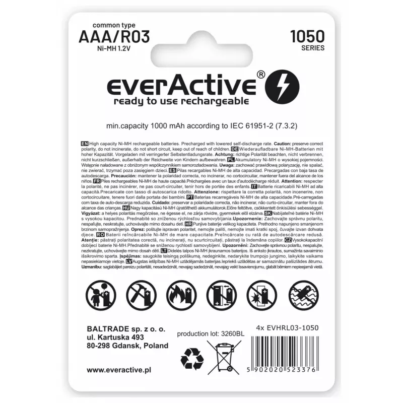 Įkraunamos AAA NiMH baterijos everActive EVHRL03-550 1.2V 550mAh pakuotėje 4 vnt., cilindrinės R03