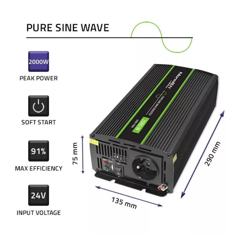 Automobilinis inverteris Qoltec Monolith 2000 W juodas 24 V