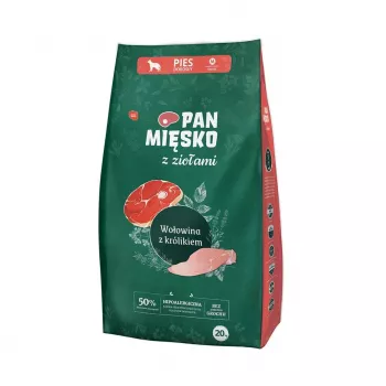 Sausas šunų pašaras Pan Miesko Mr. Meat with Herbs jautiena su triušiena M 20 kg maišas, vidutinėms veislėms, baltymai 30% riebalai 20%