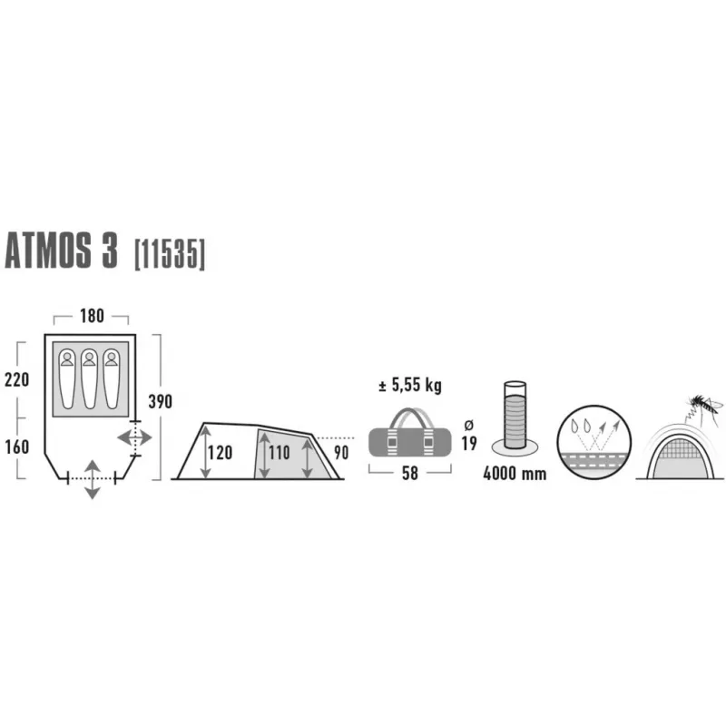 High Peak Atmos 3 kupolinė palapinė 3 asmenims juoda, žalia 11535