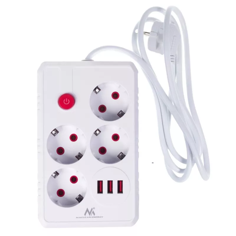 Maitinimo lizdas MACLEAN MCE392 W — 4 F tipo lizdai, 3×USB A, 110–240 V, 2.1 A maks., 2500 W, 1,5 m kabelis, baltas