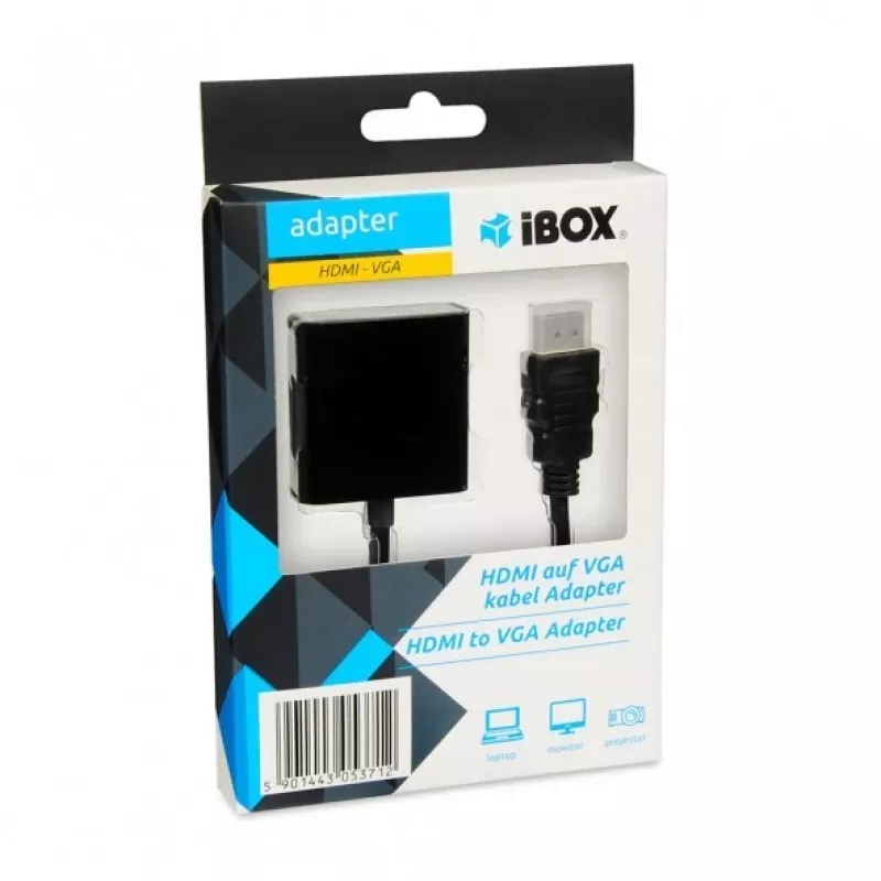 Vaizdo kabelio adapteris IBOX HDMI Type A kištukas į VGA D-Sub lizdą, 1080p, juodas, 105×25×20 mm