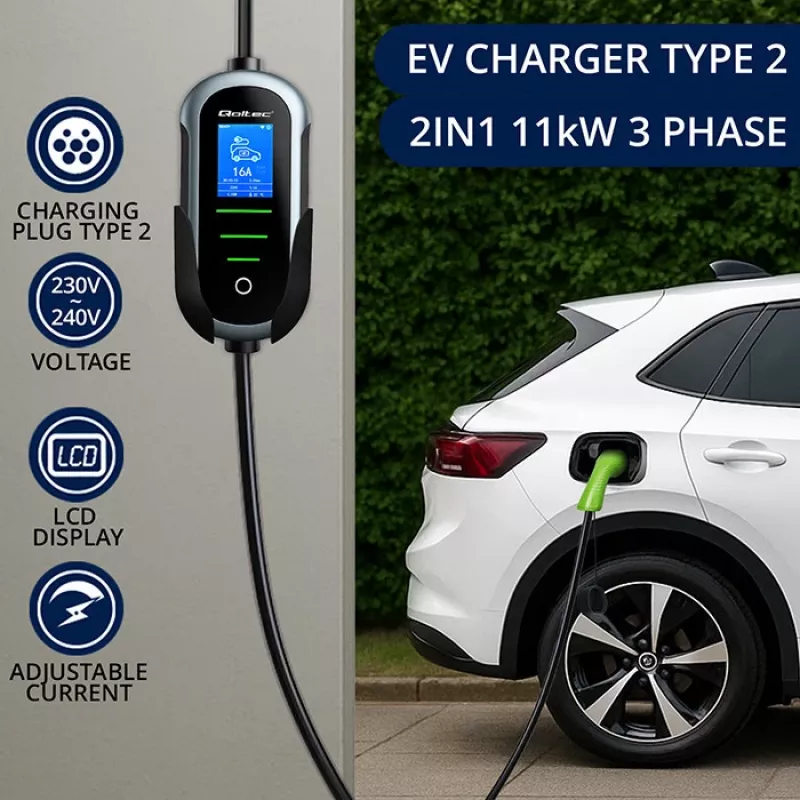Elektrinio automobilio įkroviklis QOLTEC Mobile EV 2in1 Type2 11 kW 400 V Wi‑Fi TUYA SMART LIFE LCD nešiojama sieninė dėžutė 5 m laidas