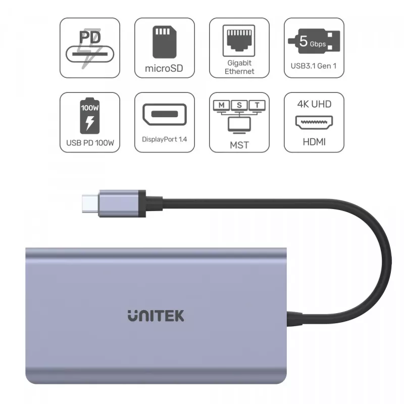 Hub UNITEK uHUB S7 USB 3.2 Gen 1 Type-C Pilka