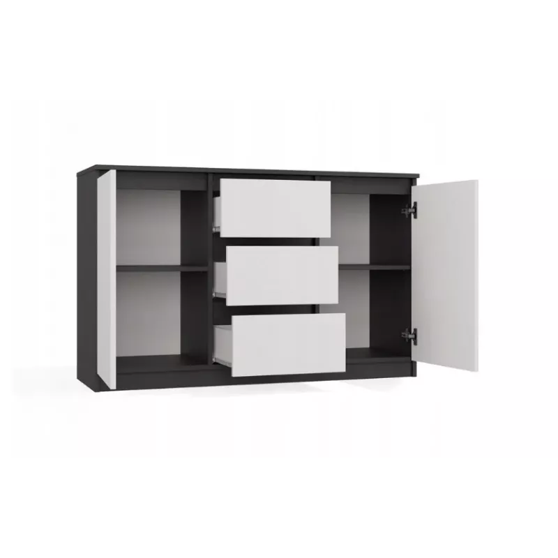 Komoda 2 durys 3 stalčiai top e shop M-MP-K-MAL-2D3S-ANTBIA — antracitinis rėmas, baltos durys, 1200×750×400 mm