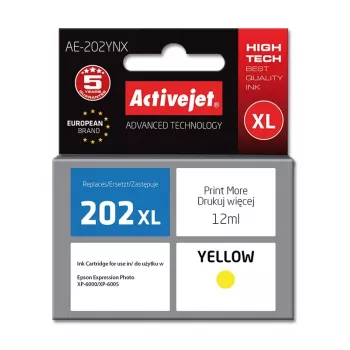 Rašalo kasetė ActiveJet AE-202YNX geltona, suderinama su Epson 202XL, 12 ml dažų pagrindo, didelės (XL) talpos, vienoje pakuotėje