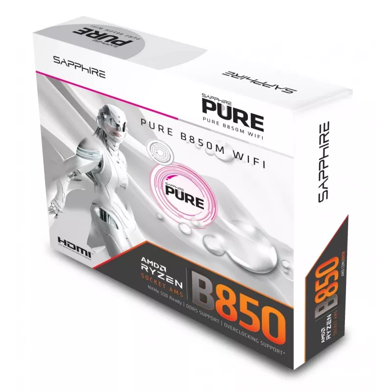 Pagrindinė plokštė Sapphire PURE B850M WIFI Micro ATX — AMD B850, lizdas AM5, DDR5 iki 8000 MHz, 4 DIMM, „Wi‑Fi 6“, 2,5 Gb LAN, 2× M.2, PCIe 5.0 x16