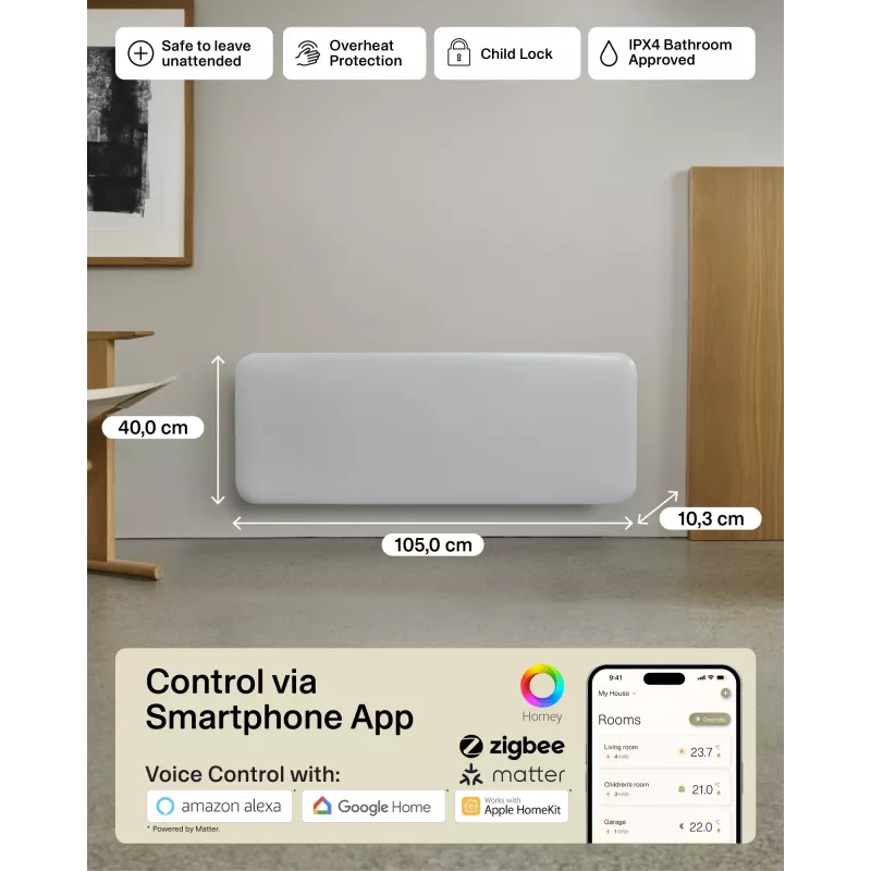 Mill Invisible Smart WiFi šildytuvas | PA2000WIFI4 | Skydinis šildytuvas | 2000 W | Tinka patalpoms iki 24–28 m² | Balta | IPX4