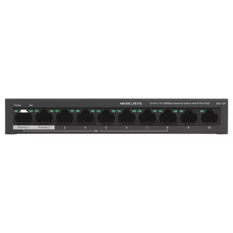 Switch Mercusys MS110P 10 Portų 10/100Mbps POE+ 8 Prievadai (1.0 versija)