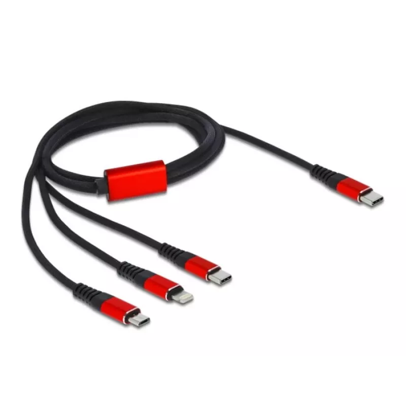 USB įkrovimo laidas DeLOCK 3 viename USB Type-C į Lightning, Micro USB, USB Type-C 1 m juodas raudonas