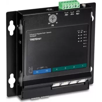 TRENDnet TI-PG62F - komutatorius - nevaldomas - 4 x 10/100/1000 (PoE+) + 2 x Gigabit SFP - DIN bėgelio tvirtinimo, montuojamas ant sienos - PoE+ (120 W)