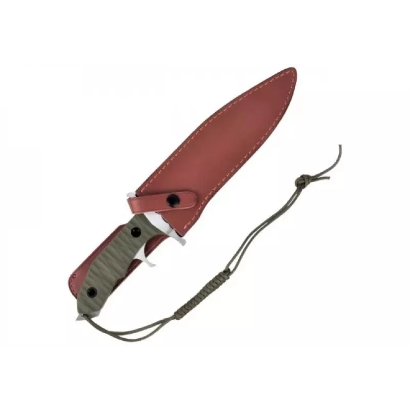 Stacionarus peilis cinema classic CC-H5 Rambo V — Išgyvenimo peilis, plieninė geležtė 230 mm, bendras ilgis 385 mm, žalia polimerinė rankena, odinės makštys