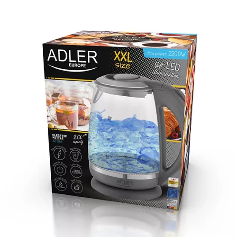 Adler | Virdulys | AD 1286 | Standartinis | 2200 W | 2 L | Plastikas/Stiklas | 360° besisukantis pagrindas | Pilka/Skaidri