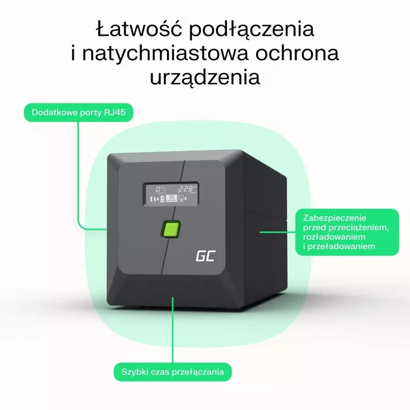Nepertraukiamo maitinimo šaltinis Green Cell UPSLP480 0,75 kVA (480 W) 4 kintamosios srovės lizdai, 2×12 V 7 Ah VRLA, bokštinis, AVR