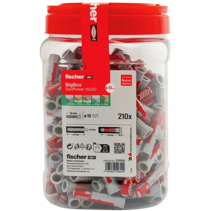 fischer kaištis DUOPOWER 10x50 BigBox šviesiai pilkas / raudonas 210 vnt. pakartotinai uždaromoje pakuotėje (570550)