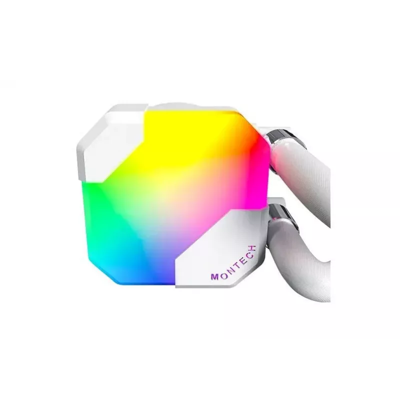 AIO vandens aušintuvas “Montech Hyper Flow ARGB 240 mm” baltas — 240 mm radiatorius, ARGB apšvietimas, balta apdaila