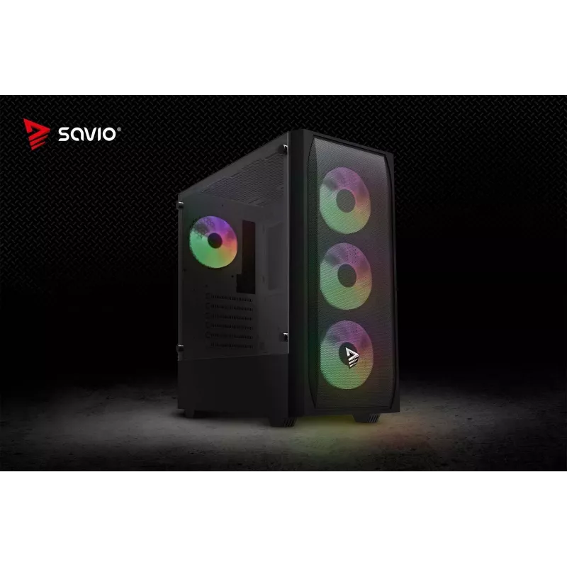 PC korpusas SAVIO Noctis Flow RGB — Cube, ATX/Mini-ITX, 3x 120 mm priekiniai ventiliatoriai, grūdintas stiklas šone, maks. GPU 35 cm