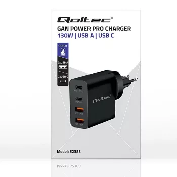 Qoltec GaN POWER PRO Charger | 2xUSB-C | 2xUSB | 130W | 5-20V | 1.5-5A | XP | Juoda