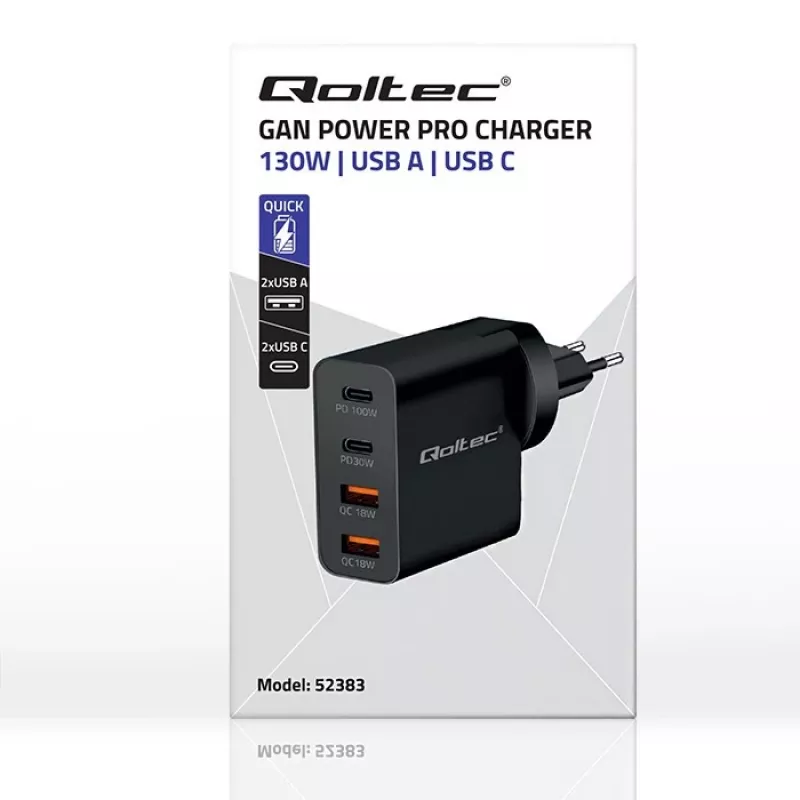 Qoltec GaN POWER PRO Charger | 2xUSB-C | 2xUSB | 130W | 5-20V | 1.5-5A | XP | Juoda