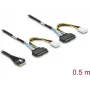 DELOCK PCIe 4.0 plonas SAS kabelis SFF-8654 8i į 2× U.2 SFF-8639 lizdus su maitinimo jungtimi 0,5 m