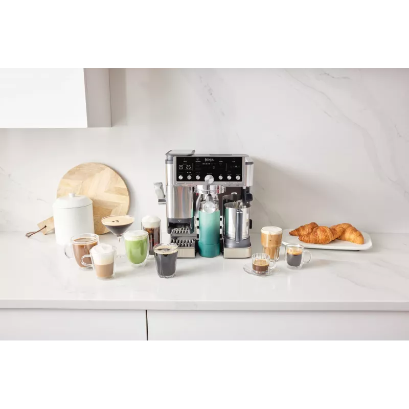 Espresso aparatas Ninja ES701EU — pusiau automatinis kavos/espresso aparatas su integruotu malūnėliu, 2 L vandens talpa, 1650 W, 25 malimo nustatymai, pieno talpa, 14 barų siurblys