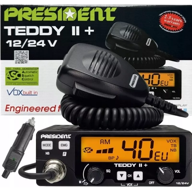 CB radijas President Teddy II+ — 40 kanalų, 4W siųstuvas, 12/24V, triukšmo blokatorius, 125×125×45 mm