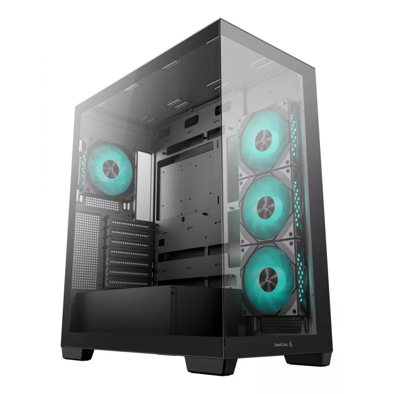 PC korpusas DeepCool CG580 4F Midi Tower — ATX/ITX/MicroATX, grūdintas stiklas, 3×120 mm + 1×120 mm ventiliatoriai, 2×3,5 col. ir 2×2,5 col., USB-A×2 USB-C×1, juodas