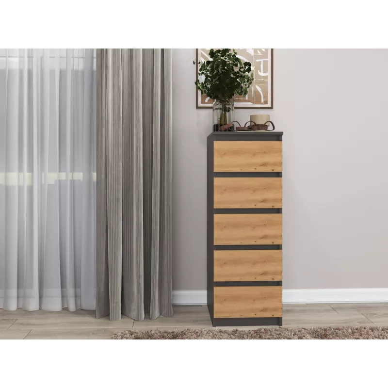 Komoda Top e Shop W5 ANT/ART, 5 stalčiai, antracitas/ąžuolas, medžio drožlių plokštė